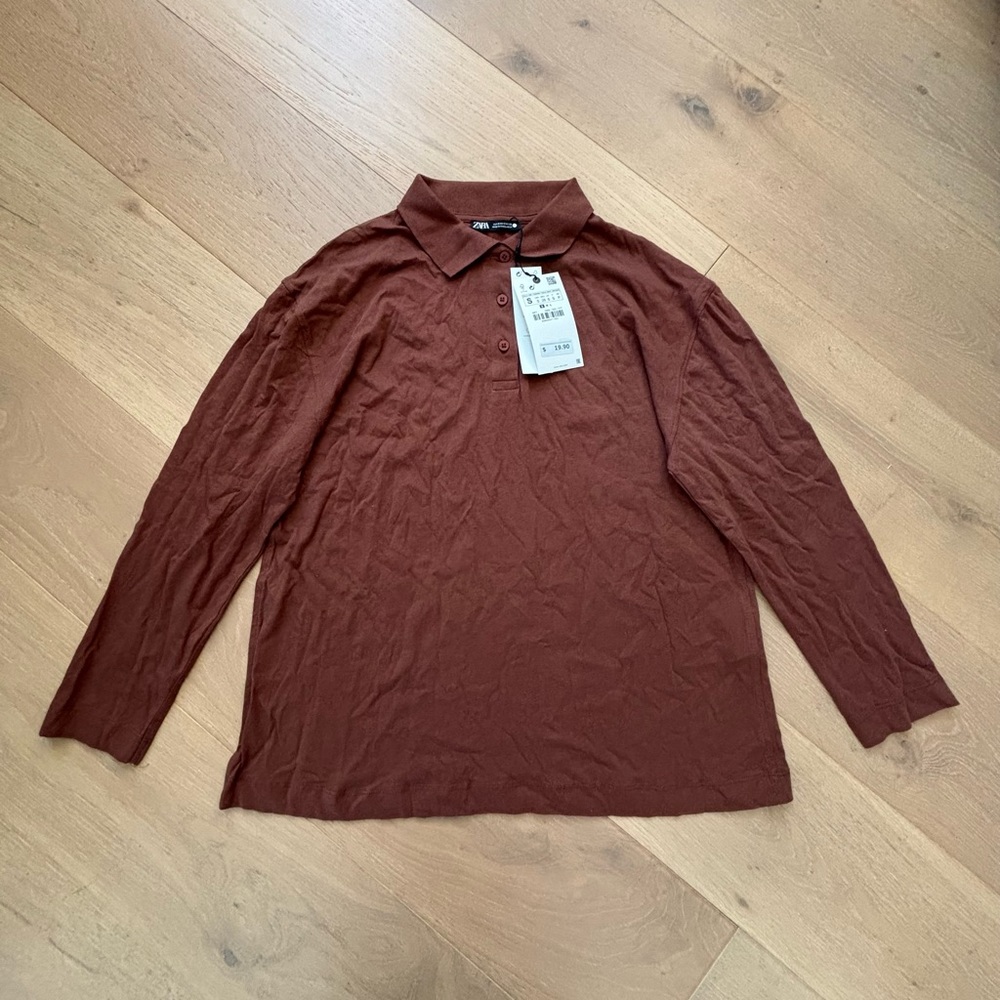 zara button collared shirt brown size small with tags